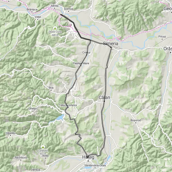 Map miniature of "The Transylvanian Panorama" cycling inspiration in Vest, Romania. Generated by Tarmacs.app cycling route planner