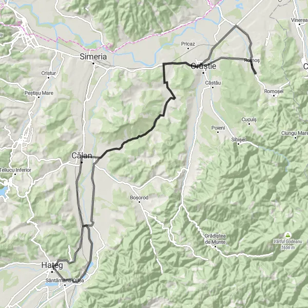 Map miniature of "Haţeg to Orăștie and back on road" cycling inspiration in Vest, Romania. Generated by Tarmacs.app cycling route planner