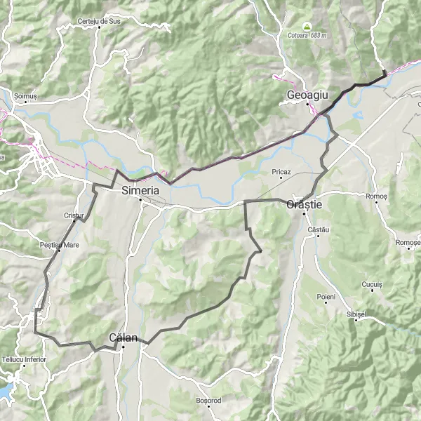 Map miniature of "Cycling through the Heart of Romania" cycling inspiration in Vest, Romania. Generated by Tarmacs.app cycling route planner