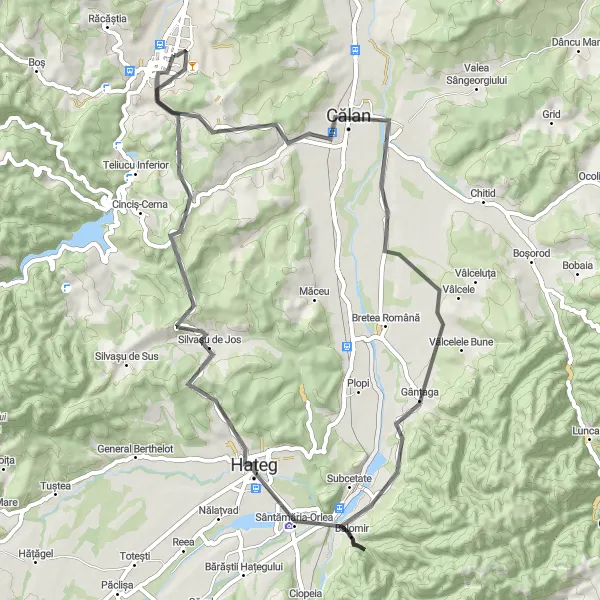 Map miniature of "Hunedoara - Kopács - Călan - Balomir - Hateg - Silvașu de Jos" cycling inspiration in Vest, Romania. Generated by Tarmacs.app cycling route planner