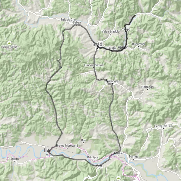 Map miniature of "The Challenging Highlands" cycling inspiration in Vest, Romania. Generated by Tarmacs.app cycling route planner