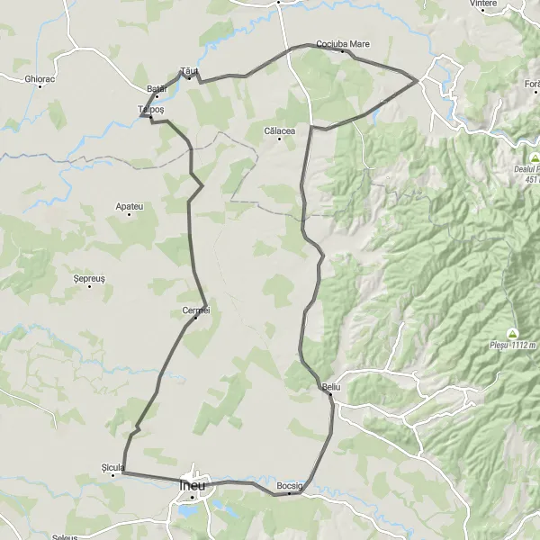 Map miniature of "Ineu to Tăut and Belfir Gravel Cycling Route" cycling inspiration in Vest, Romania. Generated by Tarmacs.app cycling route planner