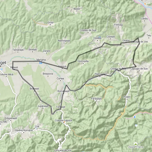 Map miniature of "Lăpugiu de Jos Loop" cycling inspiration in Vest, Romania. Generated by Tarmacs.app cycling route planner