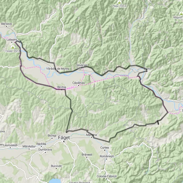 Map miniature of "Rural Exploration and Cultural Heritage" cycling inspiration in Vest, Romania. Generated by Tarmacs.app cycling route planner