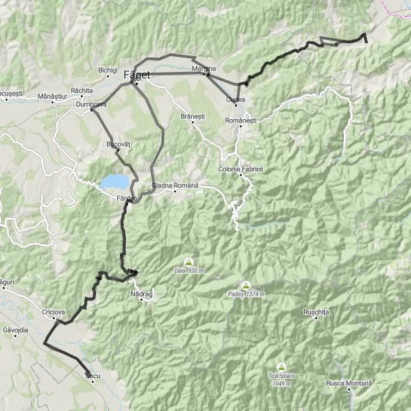 Map miniature of "Ultimate Hills Challenge" cycling inspiration in Vest, Romania. Generated by Tarmacs.app cycling route planner