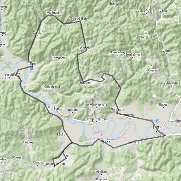 Map miniature of "Scenic Countryside and Traditional Charm" cycling inspiration in Vest, Romania. Generated by Tarmacs.app cycling route planner