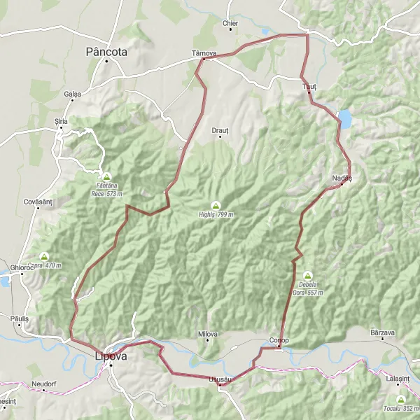 Map miniature of "Târnova and Șoimoș Gravel Adventure" cycling inspiration in Vest, Romania. Generated by Tarmacs.app cycling route planner