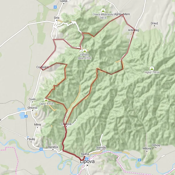 Map miniature of "Fântâna Rece and Capra Gravel Loop" cycling inspiration in Vest, Romania. Generated by Tarmacs.app cycling route planner