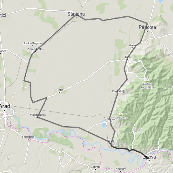 Map miniature of "Santana and Miniș Road Loop" cycling inspiration in Vest, Romania. Generated by Tarmacs.app cycling route planner
