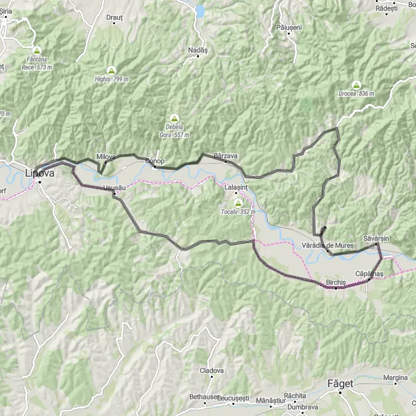 Map miniature of "Bârzava Road Adventure" cycling inspiration in Vest, Romania. Generated by Tarmacs.app cycling route planner