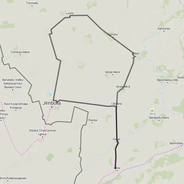 Map miniature of "Lovrin Exploration" cycling inspiration in Vest, Romania. Generated by Tarmacs.app cycling route planner