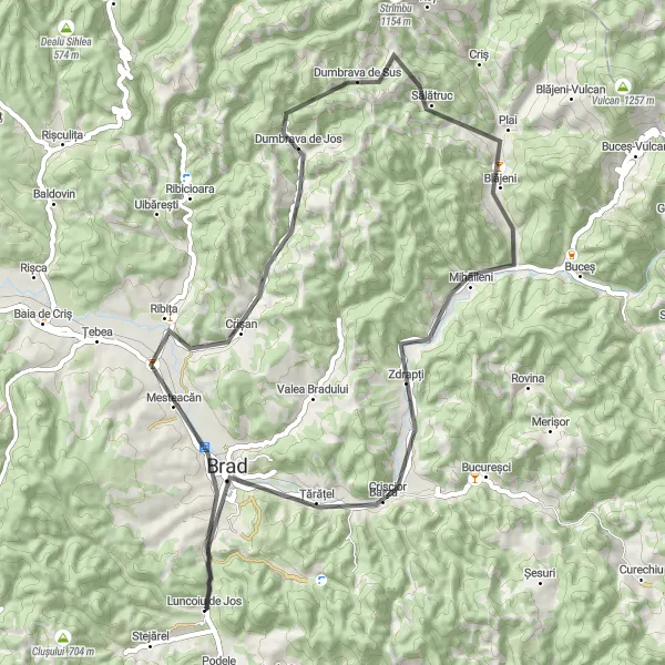 Map miniature of "From Luncoiu de Jos to Crișan and back" cycling inspiration in Vest, Romania. Generated by Tarmacs.app cycling route planner