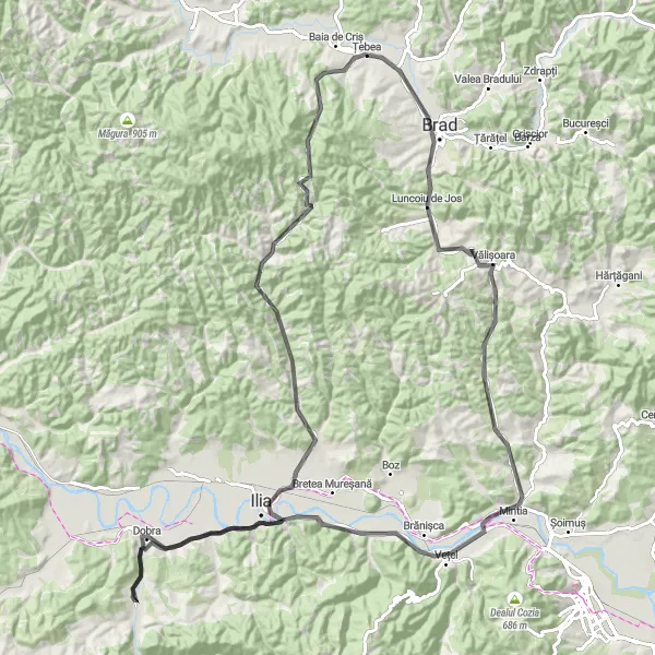 Map miniature of "The Apuseni Grand Tour" cycling inspiration in Vest, Romania. Generated by Tarmacs.app cycling route planner