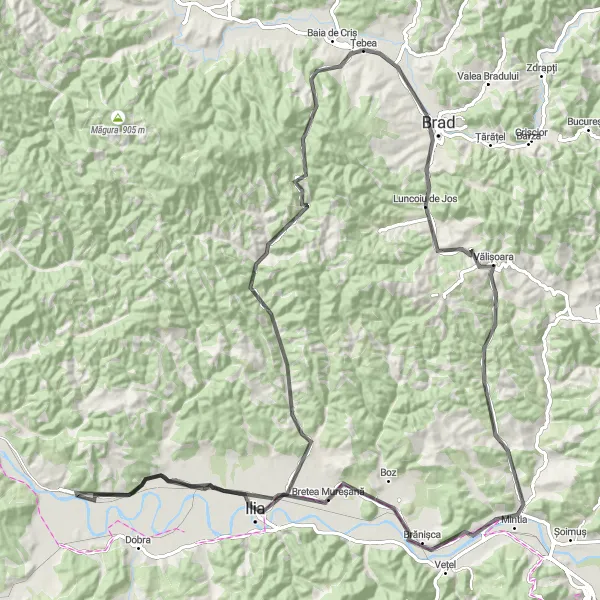 Map miniature of "Bretea Mureșană Challenge" cycling inspiration in Vest, Romania. Generated by Tarmacs.app cycling route planner