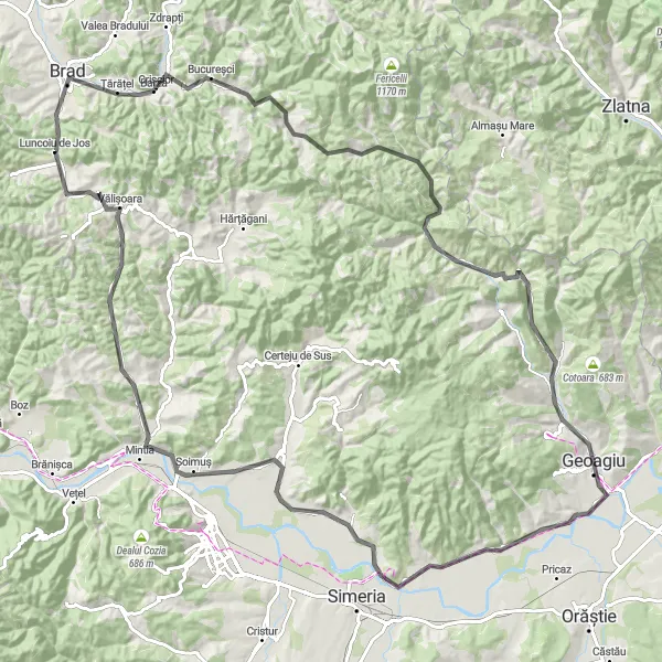 Map miniature of "Exploring the Apuseni Mountains" cycling inspiration in Vest, Romania. Generated by Tarmacs.app cycling route planner