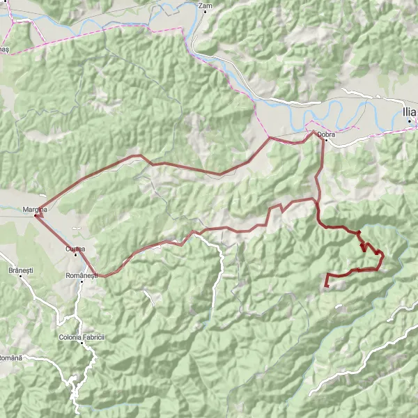 Map miniature of "Margina Gravel Expedition" cycling inspiration in Vest, Romania. Generated by Tarmacs.app cycling route planner