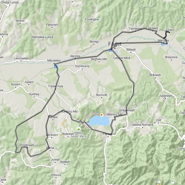 Map miniature of "Margina Mică Loop" cycling inspiration in Vest, Romania. Generated by Tarmacs.app cycling route planner