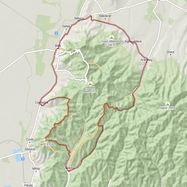 Map miniature of "The Cap de Drac-Capra-Cioaca Zicătorii-Șiria Loop" cycling inspiration in Vest, Romania. Generated by Tarmacs.app cycling route planner