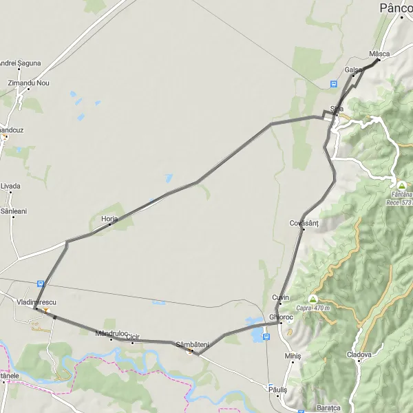 Map miniature of "Scenic Ride from Șiria to Galșa" cycling inspiration in Vest, Romania. Generated by Tarmacs.app cycling route planner