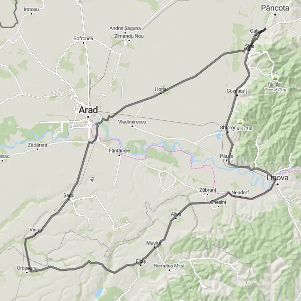 Map miniature of "The Siria-Vinga-Galsa Loop" cycling inspiration in Vest, Romania. Generated by Tarmacs.app cycling route planner