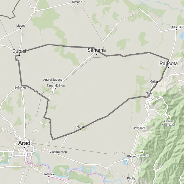 Map miniature of "The Siria-Horia-Curtici Loop" cycling inspiration in Vest, Romania. Generated by Tarmacs.app cycling route planner