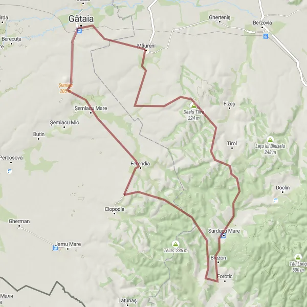 Map miniature of "Dealu Tîlva Gravel Cycling Route" cycling inspiration in Vest, Romania. Generated by Tarmacs.app cycling route planner