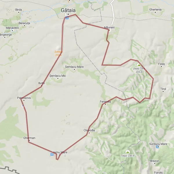 Map miniature of "Gravel Adventure Loop" cycling inspiration in Vest, Romania. Generated by Tarmacs.app cycling route planner