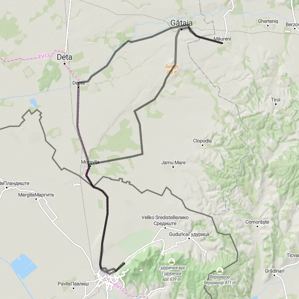 Map miniature of "Vršac and Mânăstire Road Cycling Route" cycling inspiration in Vest, Romania. Generated by Tarmacs.app cycling route planner