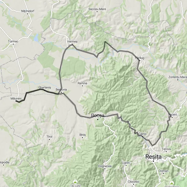 Map miniature of "Countryside Road Escape" cycling inspiration in Vest, Romania. Generated by Tarmacs.app cycling route planner