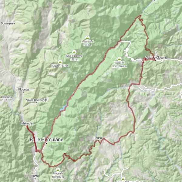 Map miniature of "Herculane Epic Gravel Adventure" cycling inspiration in Vest, Romania. Generated by Tarmacs.app cycling route planner