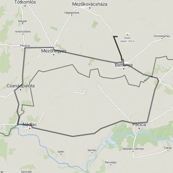 Map miniature of "Nădlac to Nagylak, Battonya, Turnu, Pecica, and Back" cycling inspiration in Vest, Romania. Generated by Tarmacs.app cycling route planner