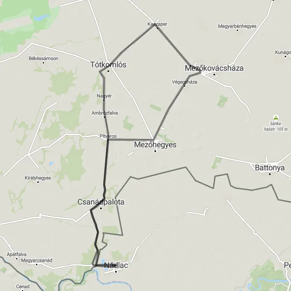 Map miniature of "Discover the Beauty of Nădlac and Csanádpalota Road Route" cycling inspiration in Vest, Romania. Generated by Tarmacs.app cycling route planner