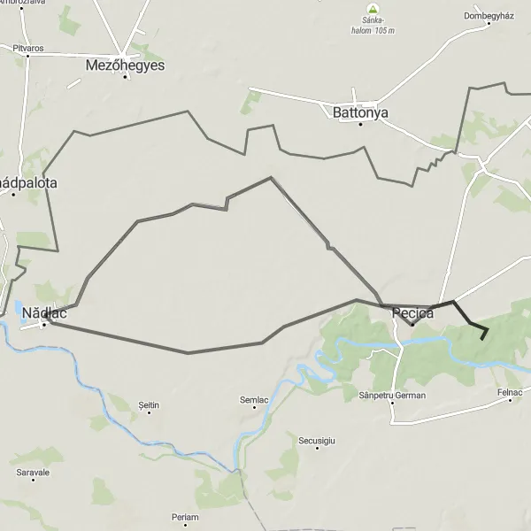 Map miniature of "Nădlac to Pecica Loop" cycling inspiration in Vest, Romania. Generated by Tarmacs.app cycling route planner