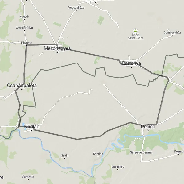 Map miniature of "Marvel at the Nature and History Along Nădlac to Battonya Route" cycling inspiration in Vest, Romania. Generated by Tarmacs.app cycling route planner