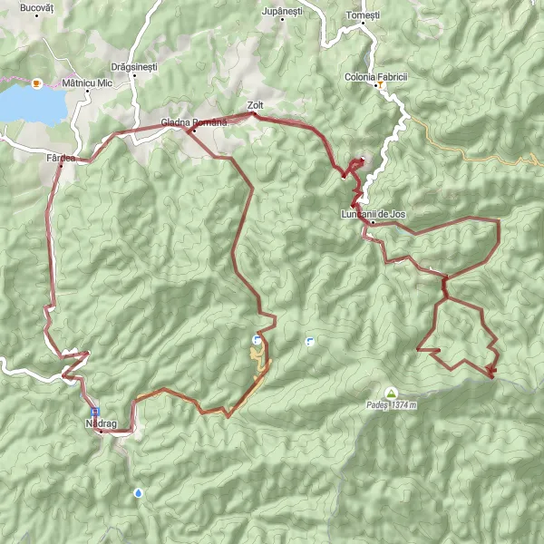 Map miniature of "Nadrag Gravel Adventure" cycling inspiration in Vest, Romania. Generated by Tarmacs.app cycling route planner