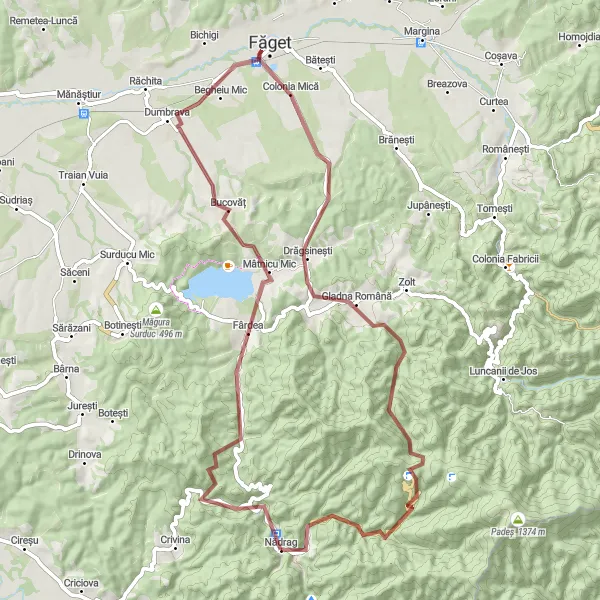 Map miniature of "Nadrag Gravel Escape" cycling inspiration in Vest, Romania. Generated by Tarmacs.app cycling route planner