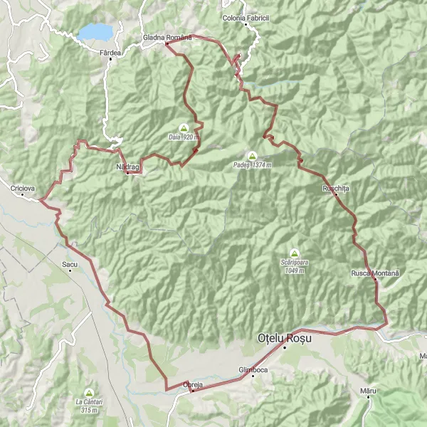 Map miniature of "Extreme Gravel Adventure" cycling inspiration in Vest, Romania. Generated by Tarmacs.app cycling route planner