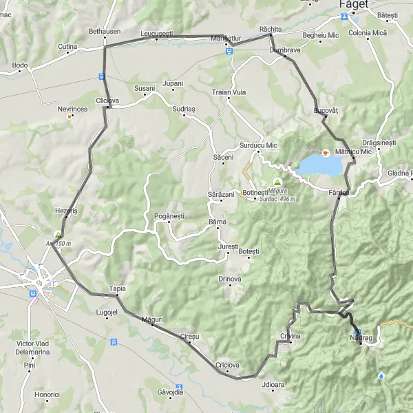 Map miniature of "Nadrag Road Loop" cycling inspiration in Vest, Romania. Generated by Tarmacs.app cycling route planner