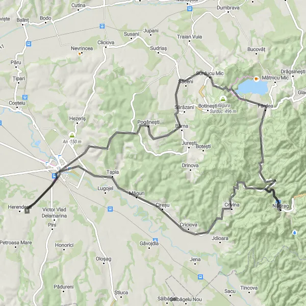 Map miniature of "Crivina Discover" cycling inspiration in Vest, Romania. Generated by Tarmacs.app cycling route planner