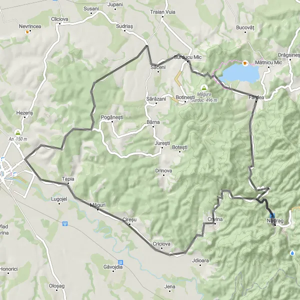 Map miniature of "Magical Magura Surduc" cycling inspiration in Vest, Romania. Generated by Tarmacs.app cycling route planner