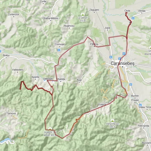 Map miniature of "The Capul Dealului Adventure" cycling inspiration in Vest, Romania. Generated by Tarmacs.app cycling route planner