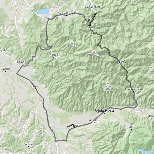 Map miniature of "Mountain Challenge" cycling inspiration in Vest, Romania. Generated by Tarmacs.app cycling route planner