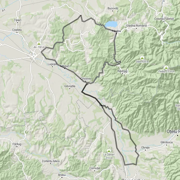 Map miniature of "The Cireșu Loop" cycling inspiration in Vest, Romania. Generated by Tarmacs.app cycling route planner