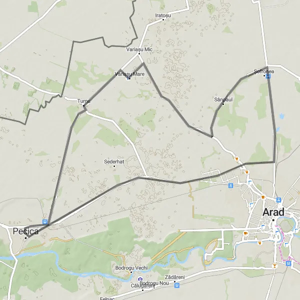 Map miniature of "Pecica Loop" cycling inspiration in Vest, Romania. Generated by Tarmacs.app cycling route planner