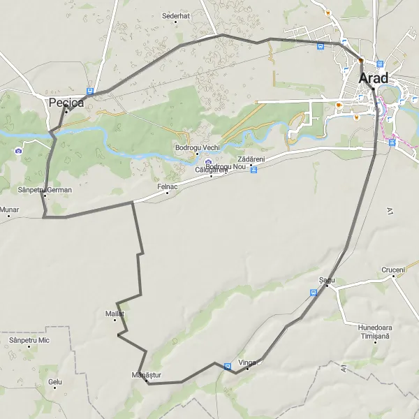 Map miniature of "Aradu Nou Excursion" cycling inspiration in Vest, Romania. Generated by Tarmacs.app cycling route planner