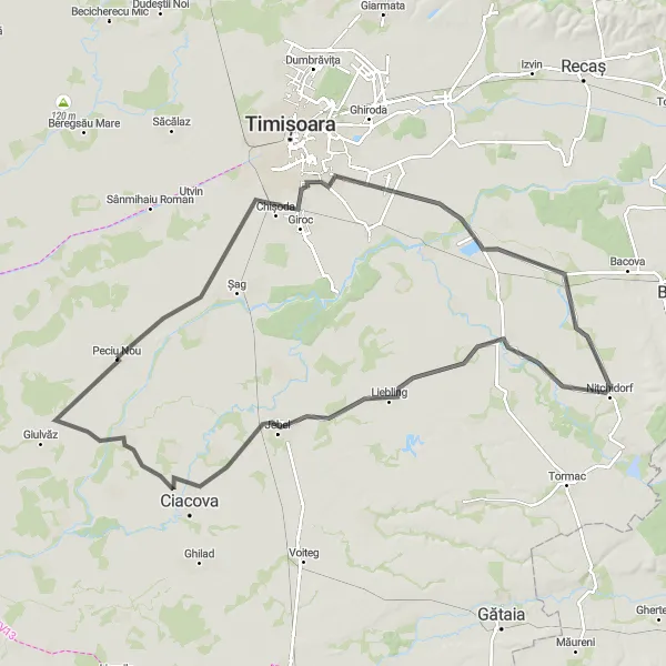 Map miniature of "Peciu Nou - Chișoda Cycling Challenge" cycling inspiration in Vest, Romania. Generated by Tarmacs.app cycling route planner