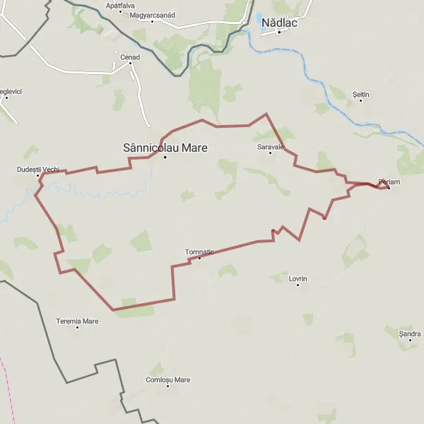 Map miniature of "Dudeștii Vechi to Sânpetru Mare Gravel Route" cycling inspiration in Vest, Romania. Generated by Tarmacs.app cycling route planner