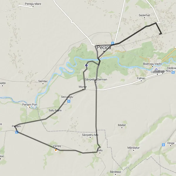 Map miniature of "A Journey to Pecica" cycling inspiration in Vest, Romania. Generated by Tarmacs.app cycling route planner