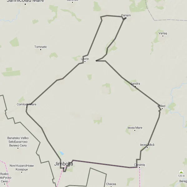 Map miniature of "The Explorers' Trail" cycling inspiration in Vest, Romania. Generated by Tarmacs.app cycling route planner