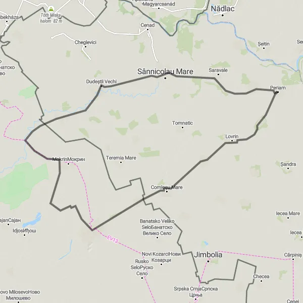 Map miniature of "The Lovrin Loop" cycling inspiration in Vest, Romania. Generated by Tarmacs.app cycling route planner